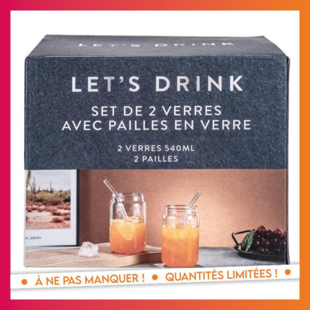 Set de 2 verres 540ml + paille
