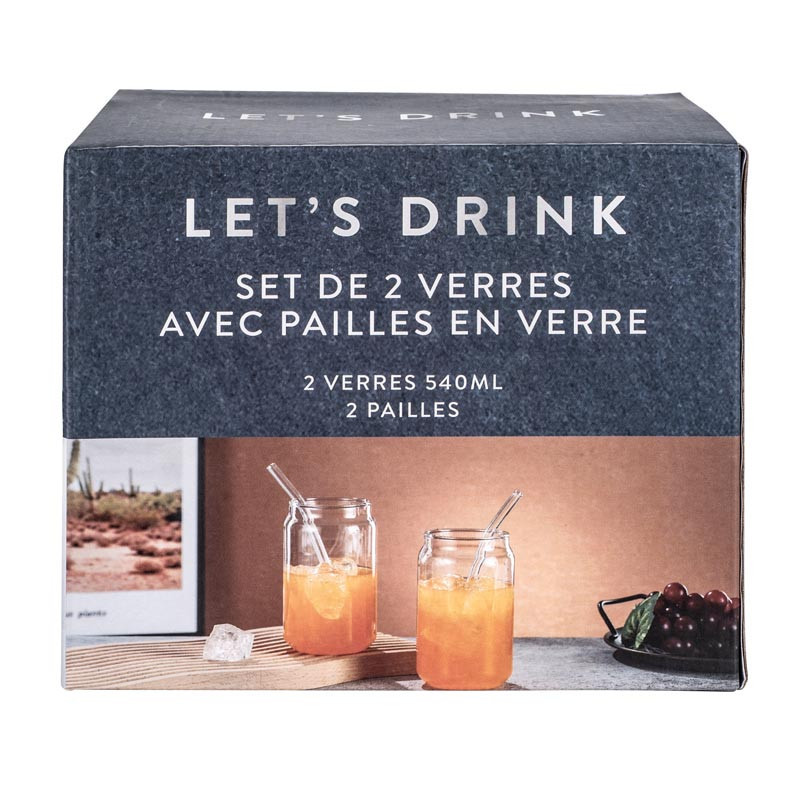 Set de 2 verres 540ml + paille