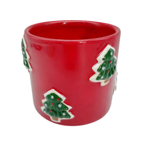 Vase rouge avec sapins h13cm