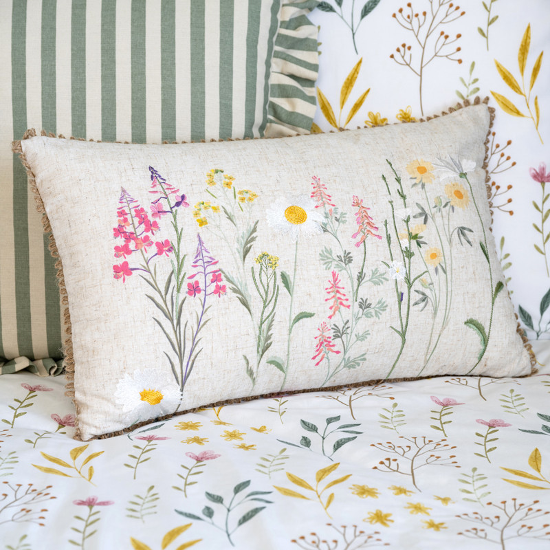 Coussin brode fleuri 30x50cm lin