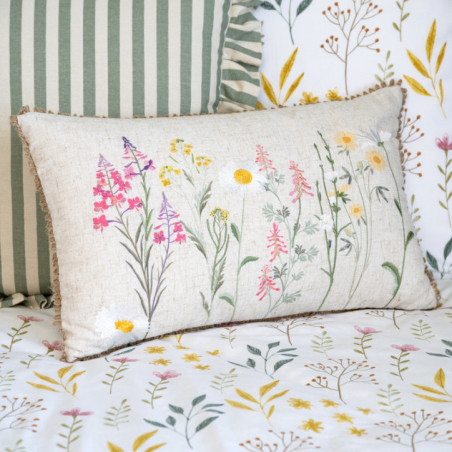 Coussin brode fleuri 30x50cm lin