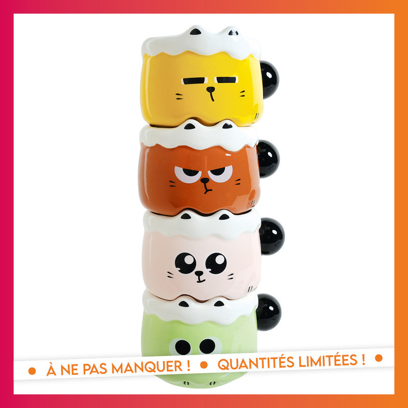 Lot de 4 mugs tete de chat kawai
