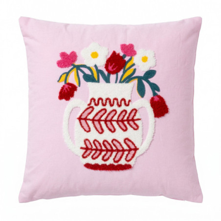 Coussin vase fleuri 45x45cm rose