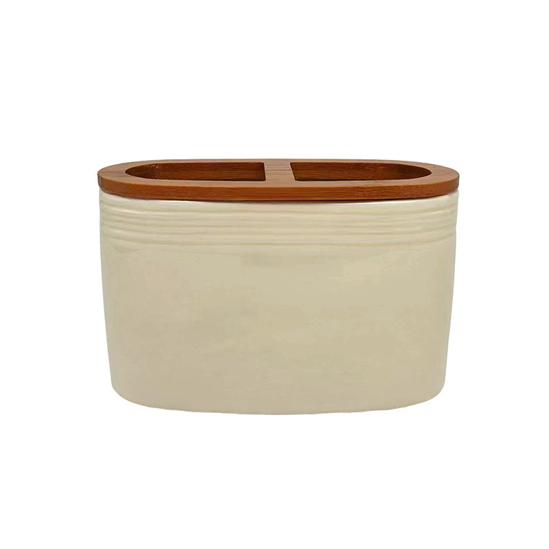 Pot brosse dent ceramique/bois