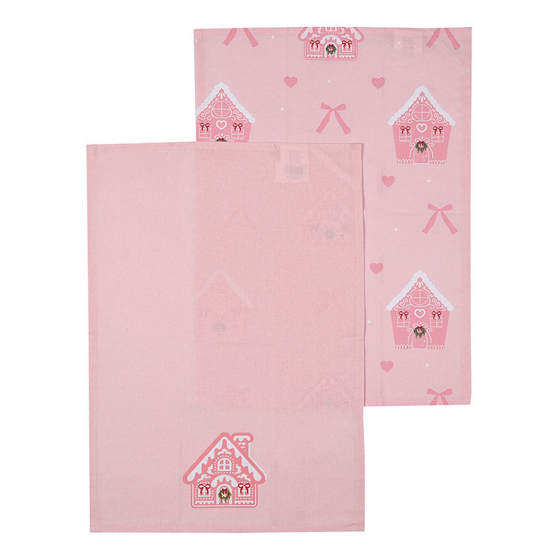 2 torchons motif maison rose