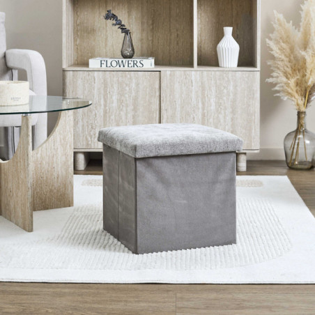 Pouf de rangement chenille gris