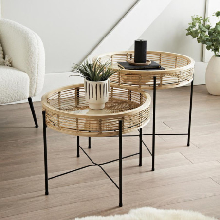 2 tables basses rotin/verre