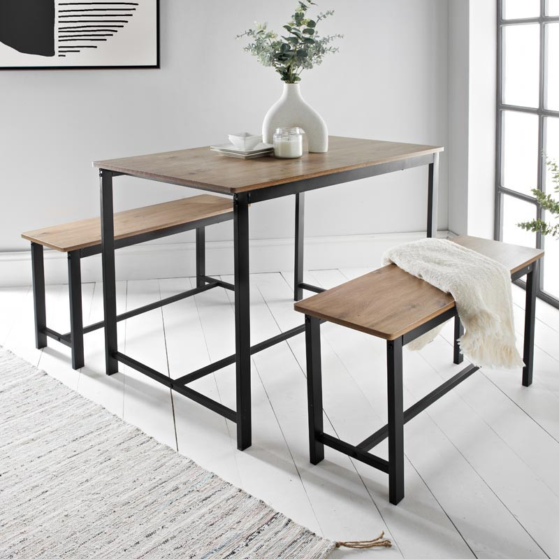 Table + 2 bancs bois/metal noir