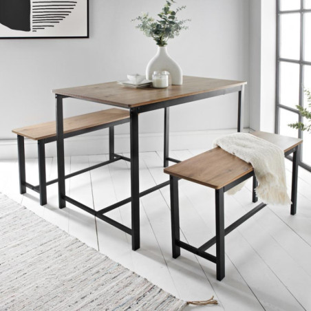 Table + 2 bancs bois/metal noir