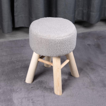 Pouf bouclettes taupe pieds bois