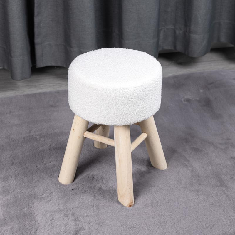 Pouf bouclettes creme pieds bois