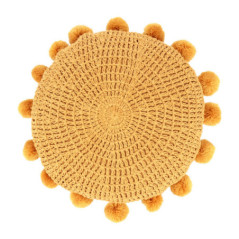 Coussin rond pompons d30cm ocre