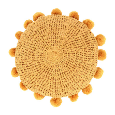 Coussin rond pompons d30cm ocre