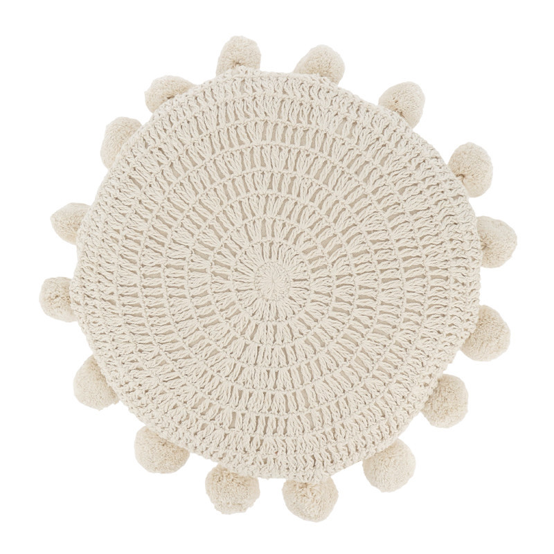 Coussin rond pompons d30cm creme