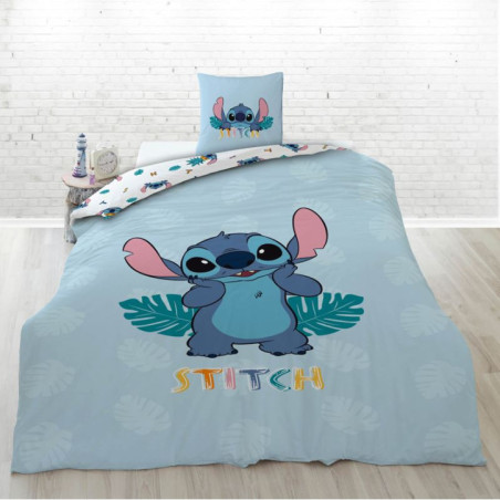 Parure De Lit Disney Stitch Pour Lit Bébé 100x135 Cm - 100% Coton, Réversible, Housse Couette + Taie D'oreiller