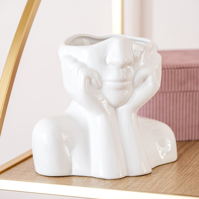 Grand Vase Blanc Avec Motif Visage Abstrait - En Dolomite - Décoration Moderne Pour Plantes - Sass & Belle