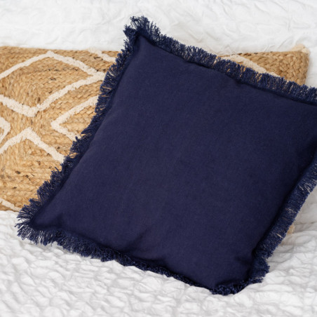Coussin a franges 45x45cm bleu
