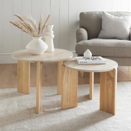 2 tables effet travertin / bois